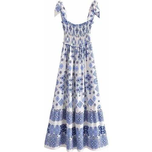 Women 2021 Fashion linen blend printed dress Female straight neckline elastic smocked wide straps flared hem dresses Vestidos