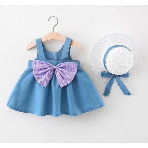 Ins New Children Dress Baby Girl Summer Clothes Korean Design Denim Sleeveless Wear Bow Vest Cute Princess Style Clothing suits