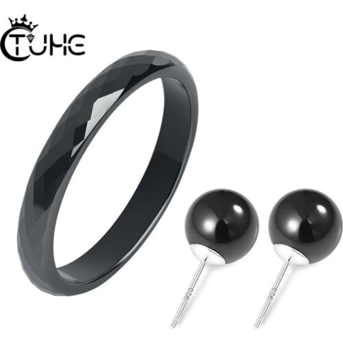 925 Sterling Silver Ceramic Jewelry Set For Women 3MM Cut Surface Ceramic Ring Stud Earring White Black Romantic Fashion Jewelry