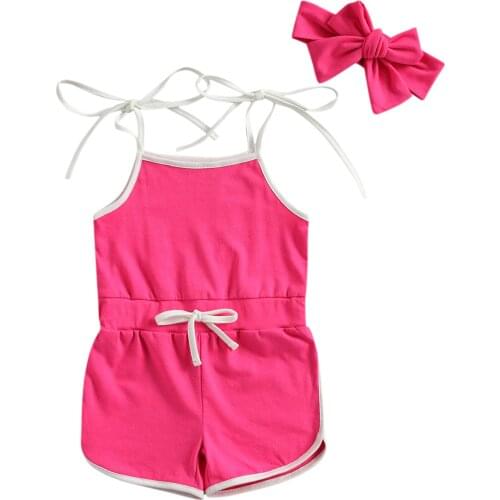 Summer Baby Clothing Lace-up Elastic Waist Drawstring Romper + Bow Headband Outfits 2Pcs Sets for Toddler Kids Girls 0-5Year
