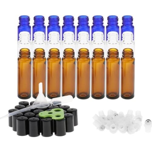 24Pcs 10ml Essential Oil Roller Bottles for Essential Oil Perfume Refillable Oil Roller Bottles Amber Thin Glass Roll on Bottle