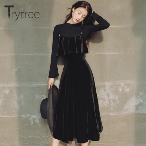 Trytree 2020 Autumn Winter Casual two piece Women Sets Flare Sleeve Basic Sweater + Corduroy Ruffles Elegant Dress 2 Piece Set