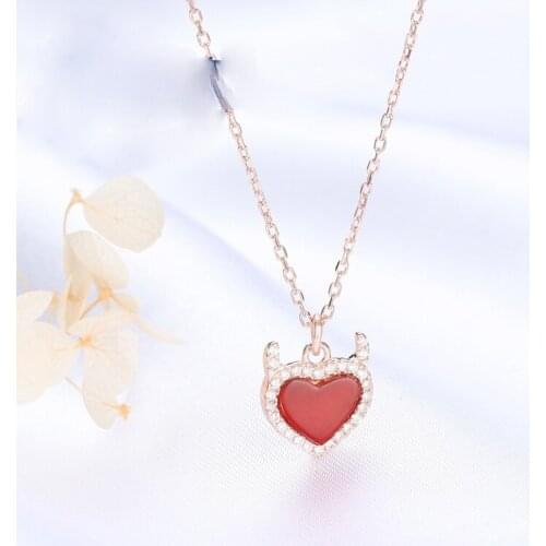Pure silver devils heart necklace womens Micro inlaid red agate love Silver Necklace