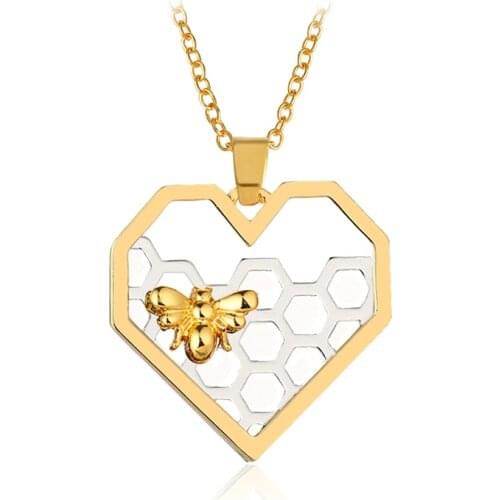 Heart shape Cute golden Bee Hollow Silver Honeycomb Pendant necklace Womens Party Elegant Accessories Mothers Day gift