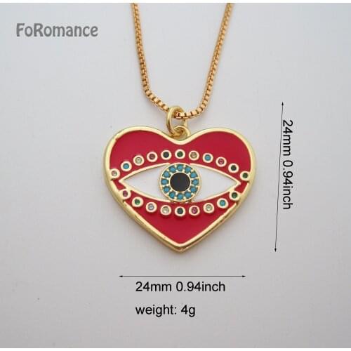 YELLOW GOLD PLATED GP 45CM BOX CHAIN & RED ENAMELED COLORFUL CZ STONES EVIL EYE HEART SHAPE PENDANT WIDTH 24MM 0.94INCH