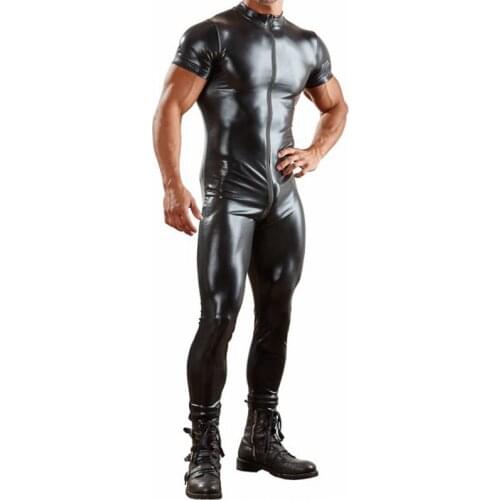 Plus Size S-3XL Sexy High Quality Men Catsuit Faux Leather Front Zipper Crotch 2018 Bodysuit Fetish Costume Erotic Lingerie