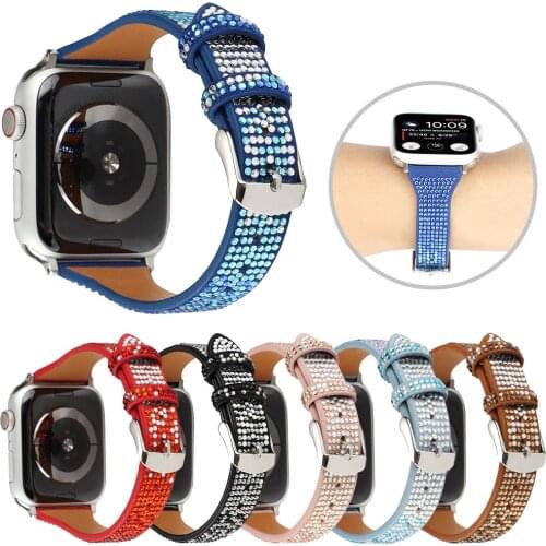 Fashion Bling Leather Strap for Apple Watch Band Series 6 SE 5 4 3 2 Slim Bracelet for Iwatch 40mm 44mm 38mm 42mm Diamond Belt