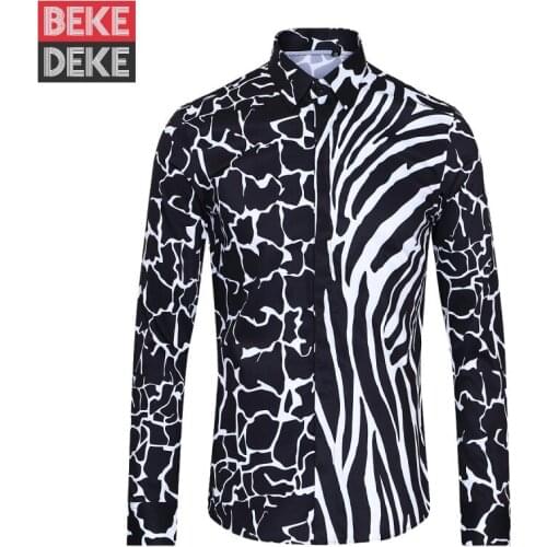 Gothic Mens Black White Colors Mixed Printed Casual Shirts New Clubwear Man Spring Summer Harajuku Long Sleeve Party Shirt Tops