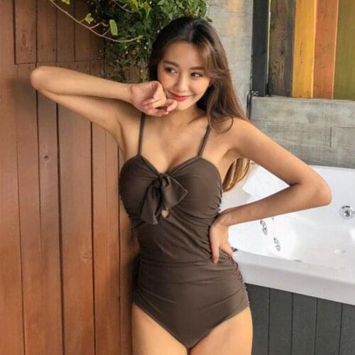 Sexy Womens One Piece Swimsuit Solid Halter Bandeau Tie Knot Front Wireless Padded Bathing Suit Beach Swimwear