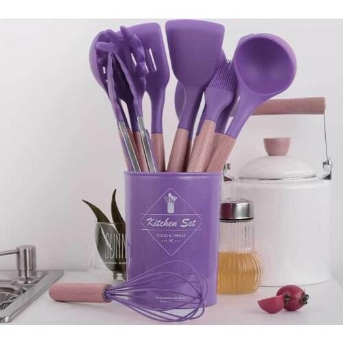 Silicone Kitchenware 12pcs /set Utensils sets with wooden handle Purple Pasta Forks+ Scoop+Spatulas+Tongs+Cooking Shovel