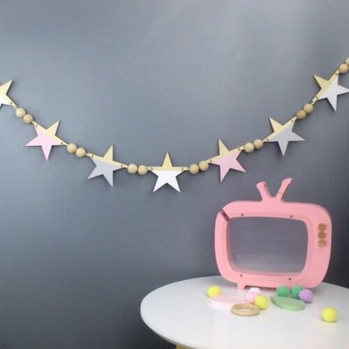 Nordic Kids Room Decor DIY Wood Star Hanging With Beads Decorative Bed Hanging Wall Hanging Children Room Nursery Decoration