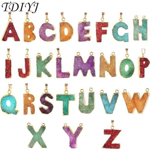TDIYJ 1Pcs Fashion Jewelry Random Colors Alphabet A-Z Letters Initial Natural Druzy Quartz Stone Pendants for Women Necklace