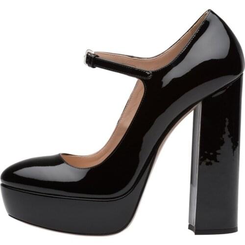 Women Patent Black Round Toe Platform Pumps Sky Mary Janes Pumps Ladies Evening Dress High Heels Chunky Heel Shoes Female
