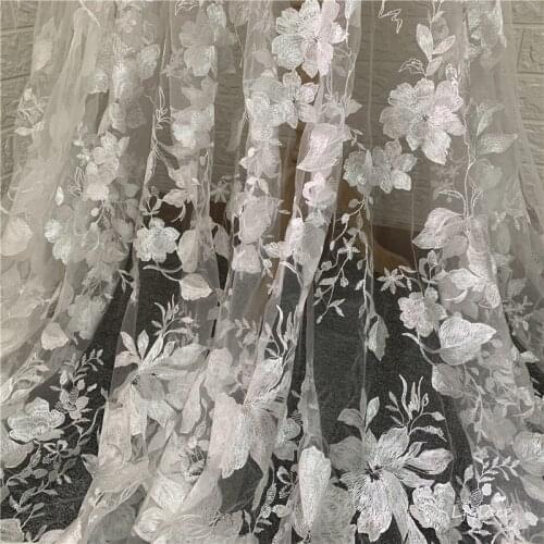 Embroidered Tulle Lace Fabric, Soft White Three-dimensional Flower For Wedding Dress Fabrics, Across The Yard
