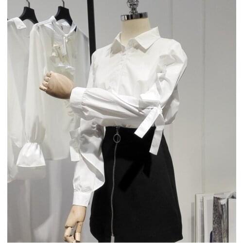 Womens spring autumn Long bow belt sleeve cotton shirt female casual loose basic OL Shirt plus size chic white Blouse TB526