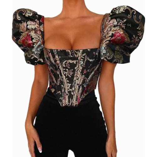 Women Zipper Elegant Cryptographic Square Collar Jacquard Boned Bustier Crop Tops Shirt Puff Sleeve Sexy Backless Shirts Blouse