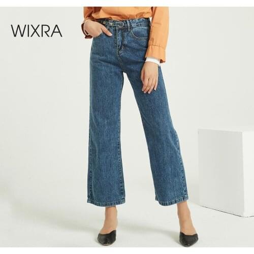 Wixra New Solid Casual Womens Wide Leg Denim Jeans Pants High Waist Pockets Long Trousers Spring Autumn Ladies Jeans