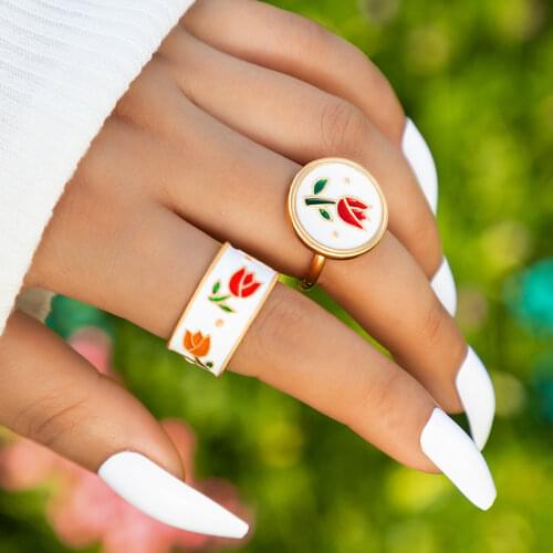 Docona Vintage Enamel Tulip Flowers Open Rings for Women Elegant Geometry Alloy Metal Ring Mother Gifts Jewelry кольца 19875