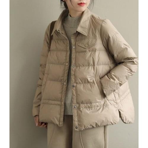 New Arrival Lapel Solid Color Single-breasted Lightweight Down Jacket Female Loose Warm Big Size Ladies Down Overcoat e225
