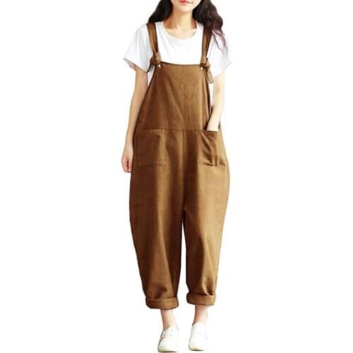Women Overalls Autumn Pants Cotton Linen Pocket Solid Color Knot Tie Straps Design Sleeveless Loose Jumpsuits Plus Size Clothes