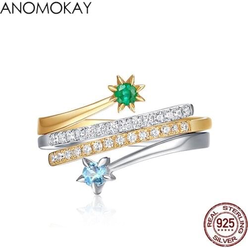 Anomokay European & American Creative Colorblock Gold Color Ring 925 Sterling Silver Hipster Tail Ring Shinny Green Blue CZ Ring