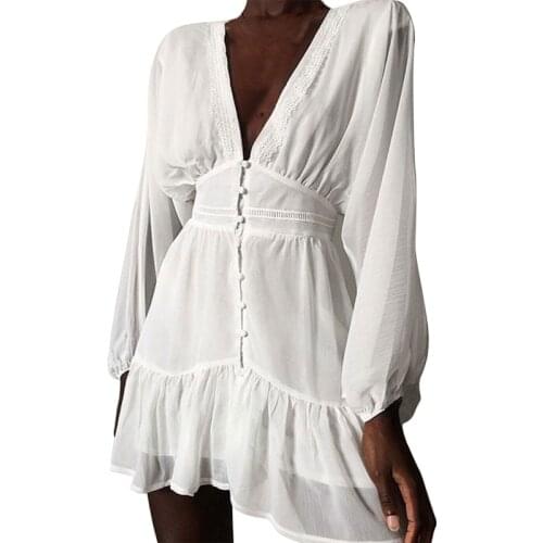 Women See-through Lace Trim Dress Fashion Adults Button-down Solid Color Lantern Sleeve Deep V-neck Mini Dress
