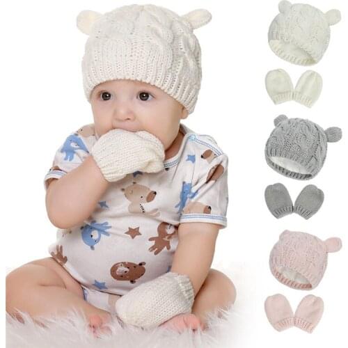 2020 Winter Baby Hat and Gloves Set Knitted Warm Thicken Velvet Inside Toddler Boy Girl Caps 3M-18M Babe Beanie Bonnet Turban