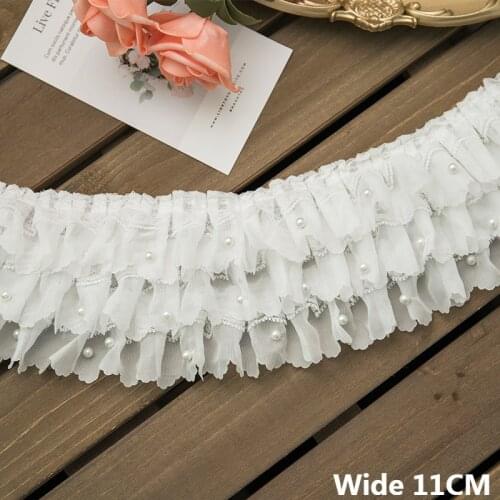 11CM Wide White Three Layers Pleated Chiffon Fabric Ribbon Beaded Fringe Lace Edge Trim DIY Apparel Wedding Dress Sewing Decor