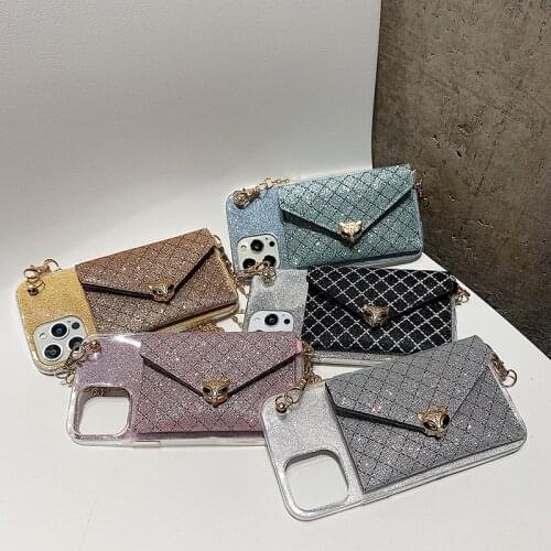 Glitter Wallet Crossbody Case For iPhone 12 Pro Max 12 Mini 11 Pro SE 2020 7 8 Plus X XR XS Max Long Chain Back Phone Case