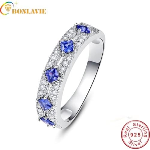 BONLAVIE Genuine 100% 925 Sterling Silver Blue Sapphire Rings Anniversary Wedding Bridal Finger Rings Fine Gift Brand Jewelry