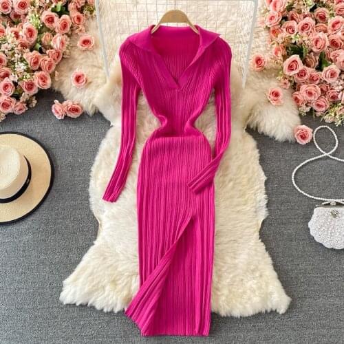 Elegant Slit slim black sweater dress women Autumn knitted square neck Casual Sheath female design midi dresses Office Lady 2021
