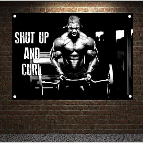 SHUT UP AND CURL Motivational Workout Posters Wall Sticker Yoga Bodybuilding Fitness Banners Flags Wall Art Tapestry Gym Decor