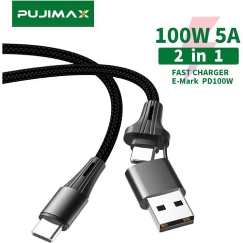 PUJIMAX 2 in 1 USB C to C Cable 100W 5A Super Fast Charging Nylon Braided Cord For xiaomi MacBook Pro Laptop Samsung S20 Note20