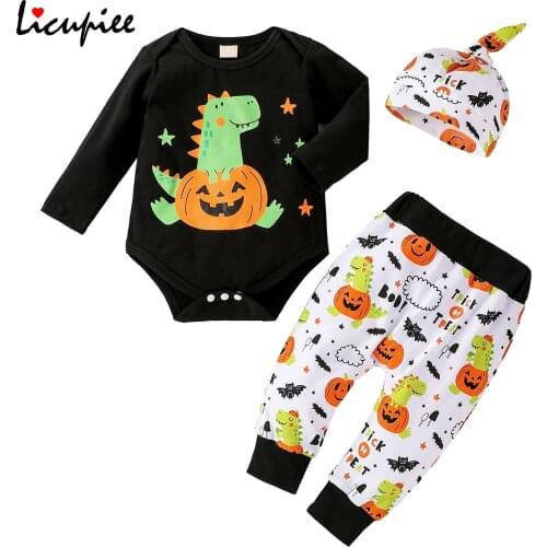 0-12 Months 3pcs Baby Halloween Outfit, Cartoon Dinosaur Long Sleeves Romper + Long Pants + Hat for Toddler Boys, Girls