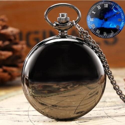 Creative Starry Sky Aurora Blue Round Dial Quartz Pocket Watch Necklace Smooth Face Pendant Chain FOB Clock Gifts for Men Women