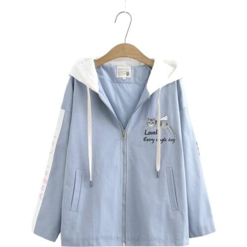 Cartoon Cat Embroidery Zipper Jackets Coat For Women 2020 Summer Sweet Style Long Sleeve Loose Hooded Jackets With Pockets