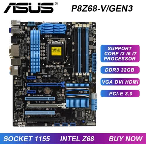 Asus P8Z68-V/GEN3 1155 motherboard For Core i3 i5 i7 DDR3 32GB USB2.0 USB3.0 SATA3 Z68 Desktop Used Mainboard PC BOARDS