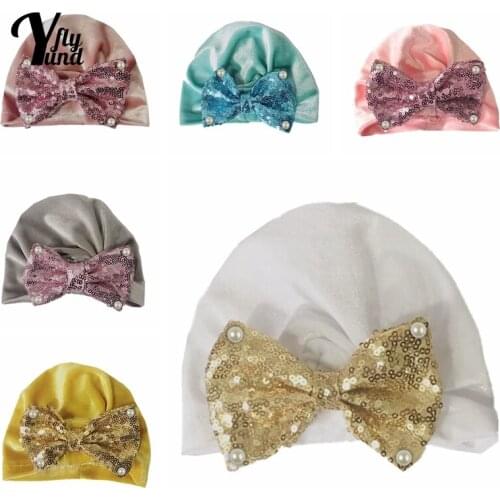 Yundfly Soft Skin-friendly Warm Cotton Infant Indian Hat Glitter Sequins Bows Baby Caps Newborn Headwear Kids Photography Props