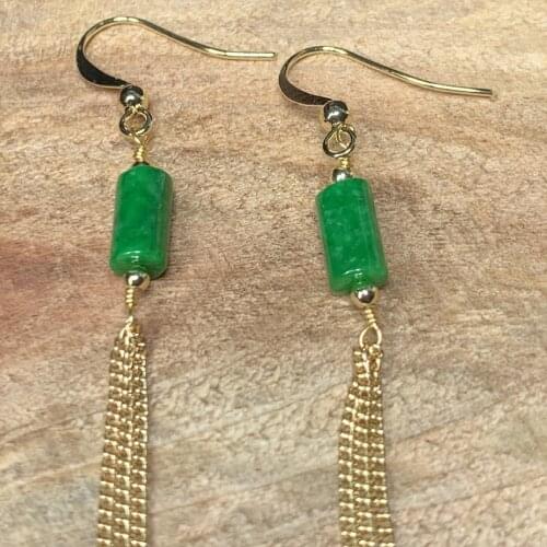 New Natural Dry Green Barrel Beads High Quality Copper Plated 14k Gold Tassel Earrings Female Jewelry