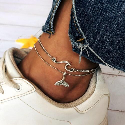 Simple Fashion Fish Tail Anklet Summer Beach Wave Anklet For Women Silver Color Metal Anklet Set Jewelry Foot Chain