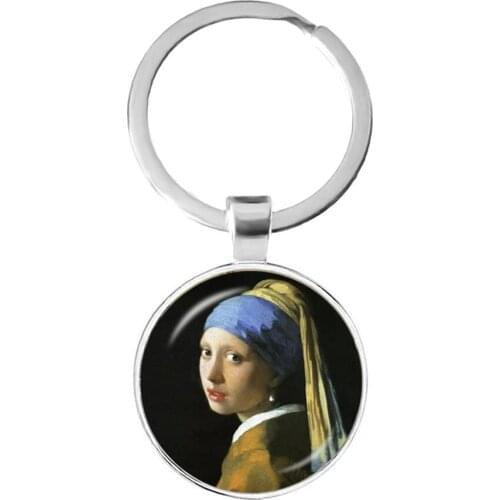 Charm Girl Wearing Pearl Johannes Vermeer Art Oil Painting Keychain 25mm Glass Cabochon Key Rings Holder Jewelry For Gift