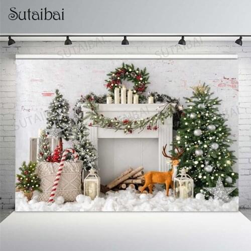 Christmas Photo Background Studio White Brick Wall Fireplace Wreath Xmas Tree Elk Winter Snow Backdrop for Photography Decor
