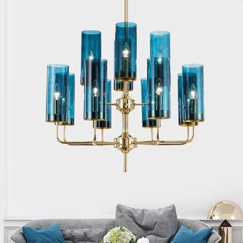 Modern Blue/amber Glass Lampshades E14 Led Chandelier Lustre Plate Shiny Gold Chandelier for Living Room Dining room lamps