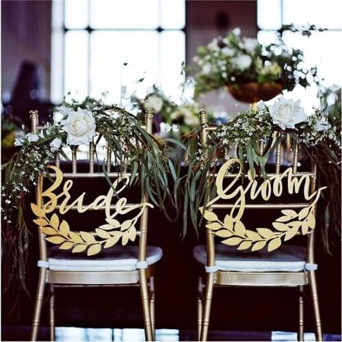 Wedding Chair Hangers Signs Gold Acrylic BRIDE & GROOM Signs - Acrylic Engraved Rustic Signs - Wedding Reception, Photo Props