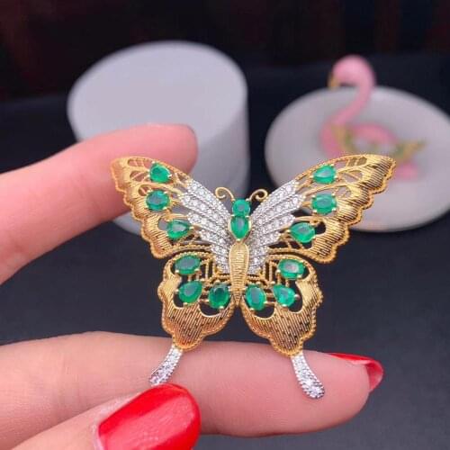 Grace Butterfly fly natural green emerald brooch Pendant natural gemstone pendant Two uses S925 silver girl lady party jewelry