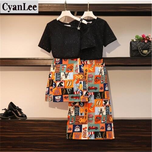 Plus Size 2 Piece Set Womens Chic Sets Off Shoulder Short Sleeve T-shirt+Letter Print Mini Skirts Students For Dropshipping
