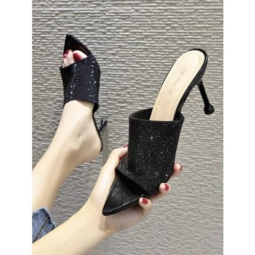 Womens shoes temperament high heels 2020 summer new suede rhinestone outdoor fashion pointed stiletto slippers