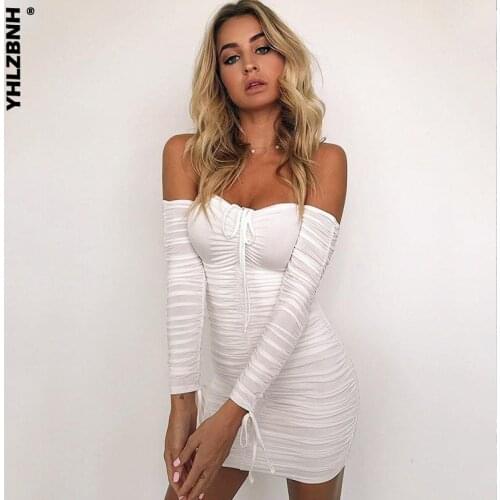 YHLZBNH Women Autumn Winter Bandage Dress Fall Women Sexy Off Shoulder Long Sleeve Slim Elastic Bodycon Party Dresses Vestidos