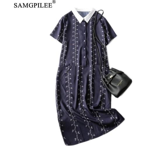 Summer Clothes For Women 2021 New Korean Style Polo Collar Retro Print Pocket Single Breasted Thin Chiffon Dress Woman 4XL