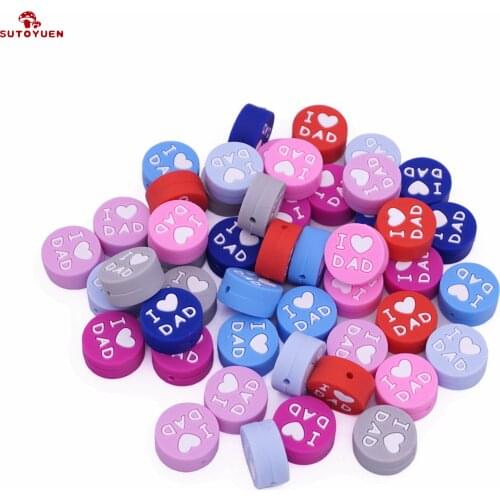 16pc 20mm I Love DAD Teething Silicone Beads For Baby Teeth Pacifier Clip Making Food Grade Silicone Teethers Mix 8 Colors
